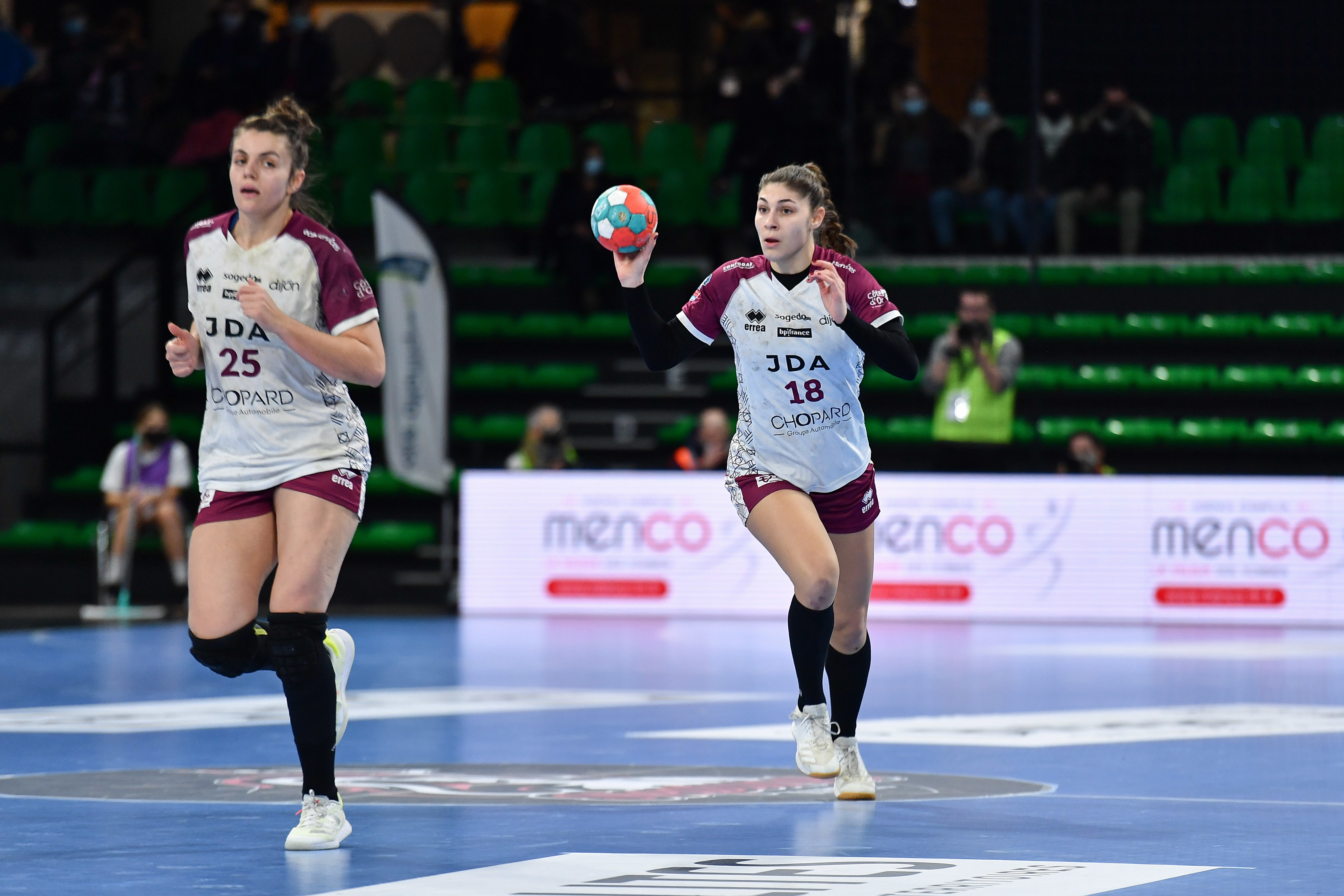 Sarah VALERO JODAR of Dijon and Ilona DI ROCCO of Dijon during the Ligue Butagaz Energie match between Nantes and Dijon on January 12, 2022 in Nantes, France. (Photo by Franco Arland/Icon Sport)