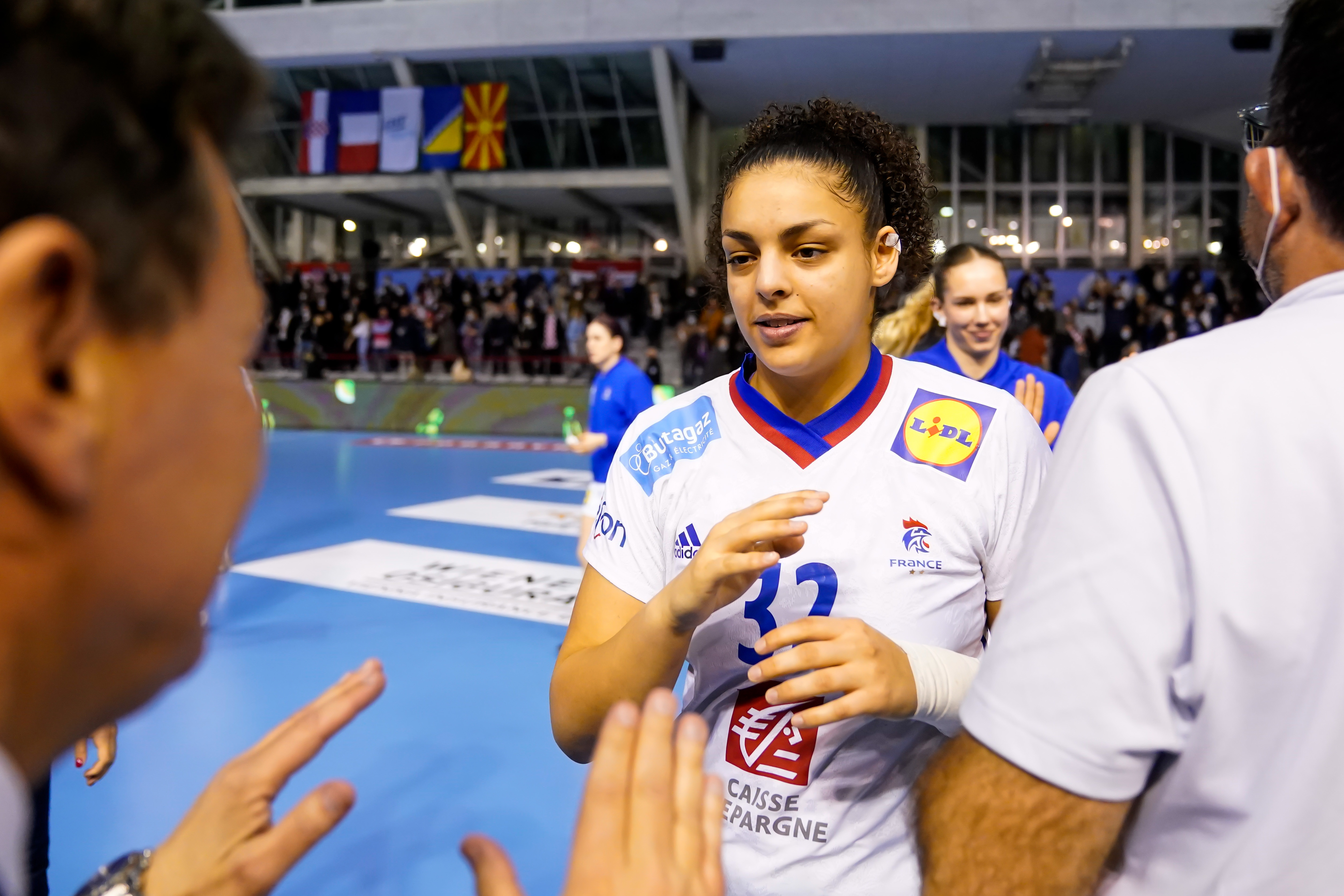 Sarah BOUKTIT of France celebrate during the women's EHF Euro 2022 Qualifying match between Croatia and France on March 3, 2022 in Koprivnica, Croatia. (Photo by Hugo Pfeiffer/Icon Sport)