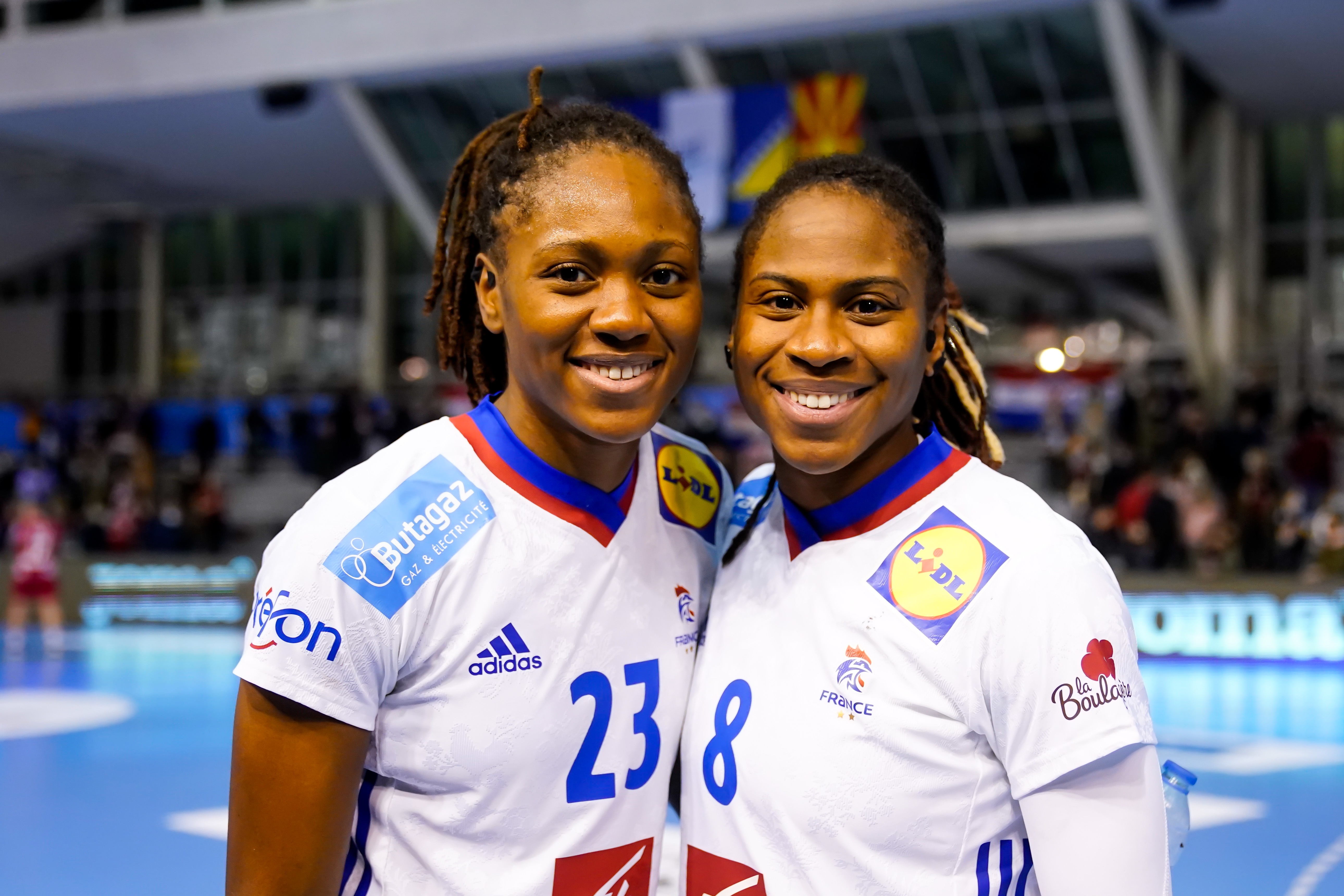 Deborah LASSOURCE of France and Coralie LASSOURCE of France during the women's EHF Euro 2022 Qualifying match between Croatia and France on March 3, 2022 in Koprivnica, Croatia. (Photo by Hugo Pfeiffer/Icon Sport)