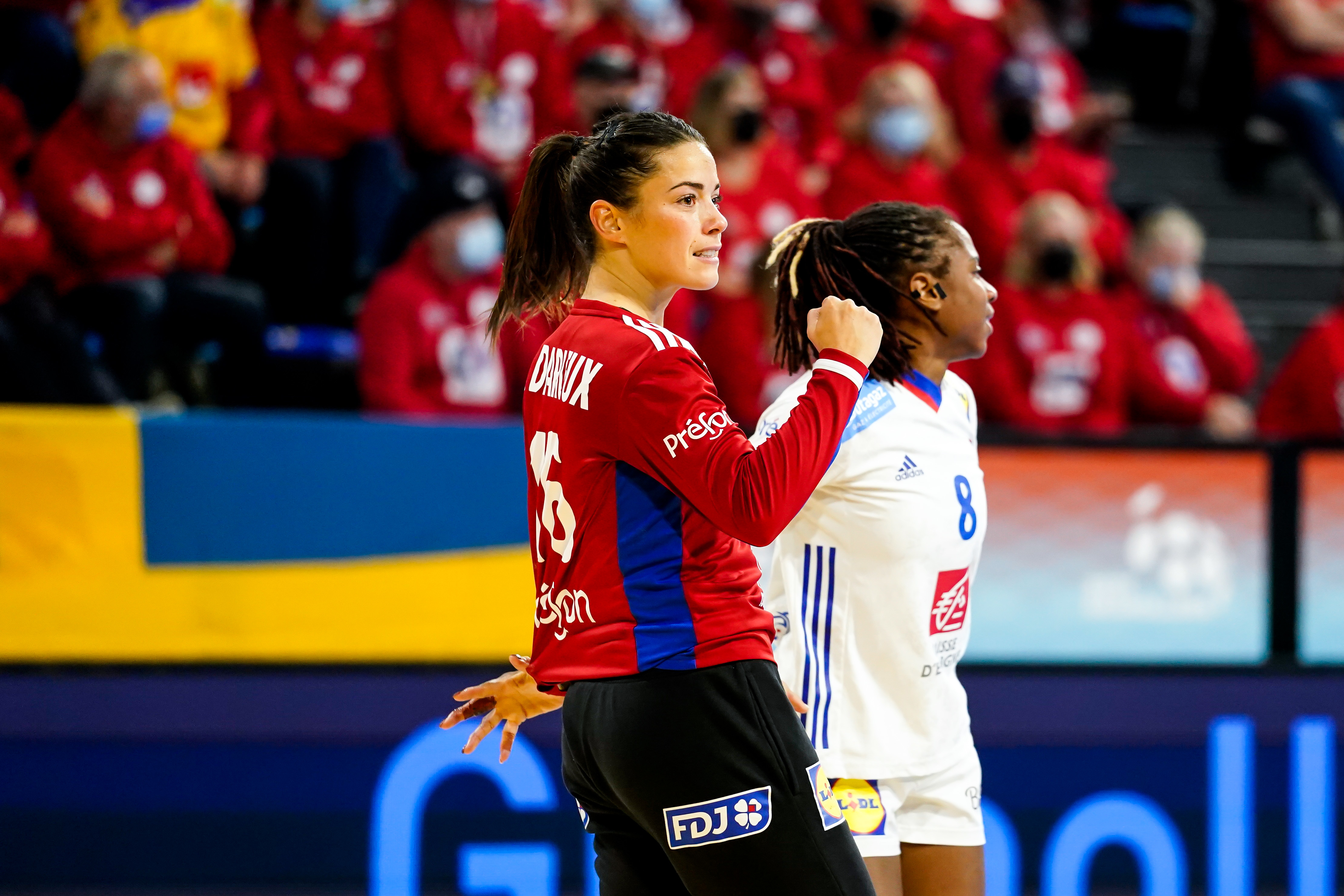 Cleopatre DARLEUX of France and Coralie LASSOURCE of France celebrates during the IHF Women's World Championship match between Sweden and France at Palacio de Deportes de Granollers on December 15, 2021 in Granollers, Spain. (Photo by Hugo Pfeiffer/Icon Sport)