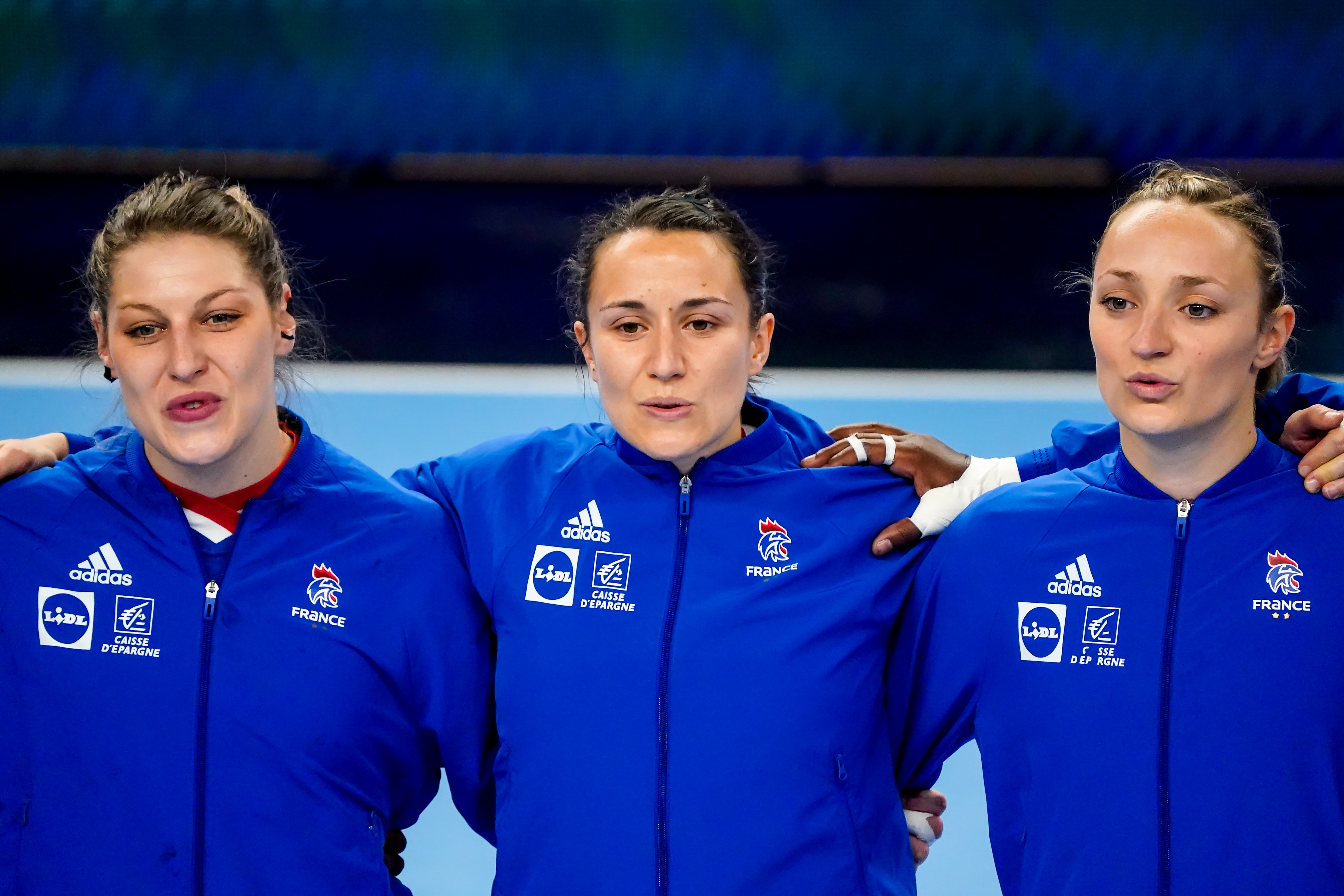 Chloe VALENTINI of France, Pauline COATANEA of France and Alicia TOUBLANC of France during the Women's EHF Euro 2022 Qualifying between Czech Republic and France on April 20, 2022 in Plzen, Czech Republic. (Photo by Hugo Pfeiffer/Icon Sport)
