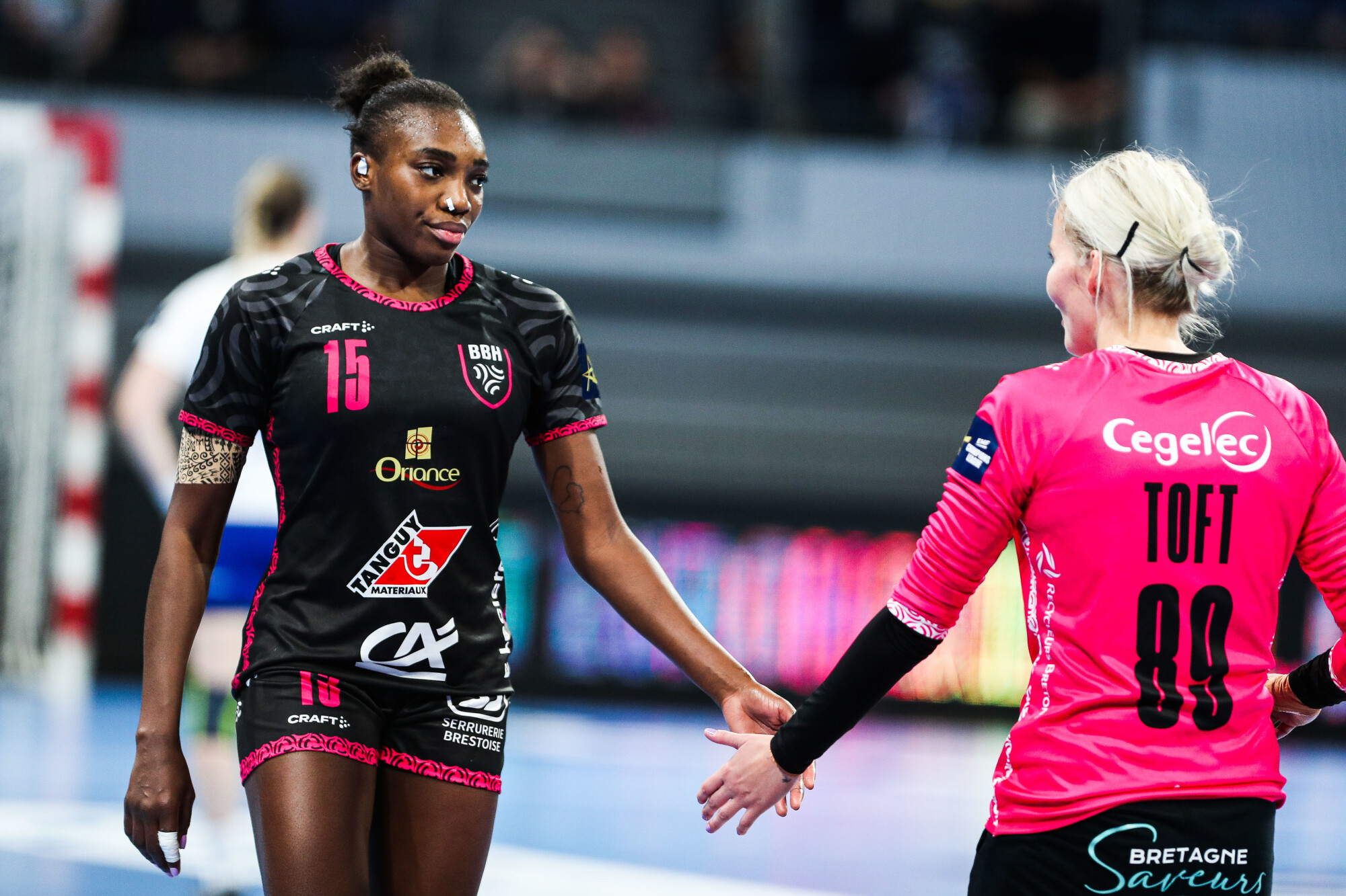 Kalidiatou NIAKATE of Brest and Sandra TOFT of Brest during the EHF Women's Champions League match between Brest and Podgorica on November 13, 2021 in Brest, France. (Photo by Maxime Le Pihif/Icon Sport)