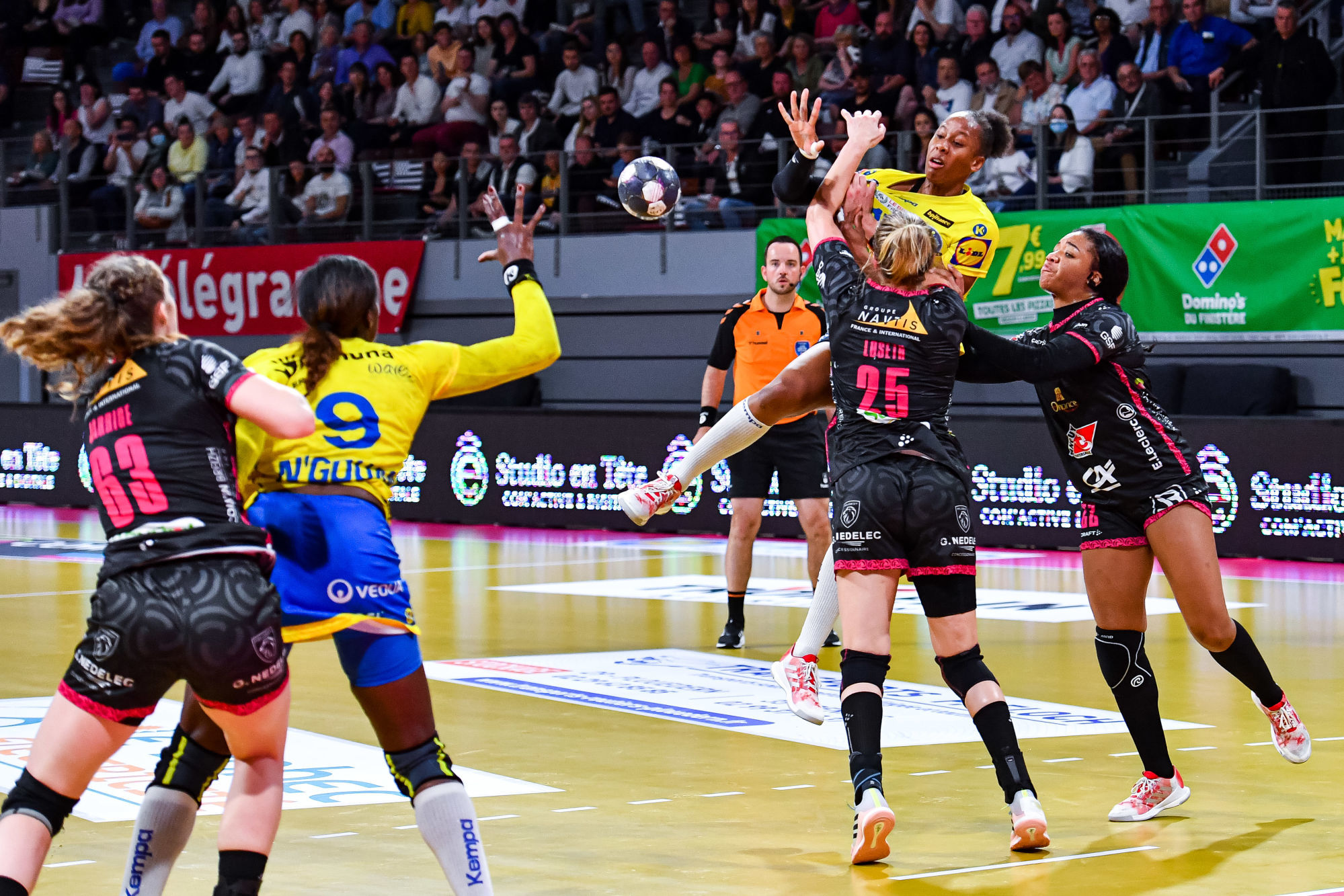 Orlane KANOR of Metz, Tonje LOSETH of Brest and Pauletta FOPPA of Brest  during the Final Ligue Butaguaz Energie match between Brest and Metz on May 26, 2022 in Brest, France. (Photo by Baptiste Fernandez/Icon Sport)